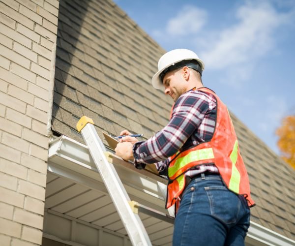 A man with hard hat standing on steps inspecting house roof